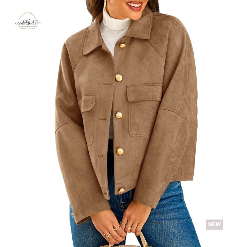 Oversized Cropped Faux Suede Jacket Lapel Collar Button Down Vintage Shacket